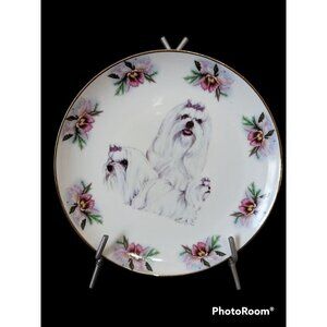 Maltese dog plate pink gold  tone trim  8"  home decor accents